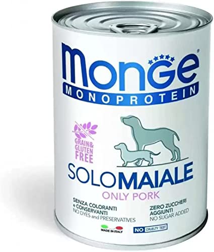 Monge Patè 100% Pork, Nassfutter für Hunde (Hundefutter aus Schwein, schmackhafte Rezeptur, mit Vitamin A-E-D3-Komplex, ohne Zusatz von Farb- und Konservierungsstoffen, getreidefrei, 400 g) von Monge
