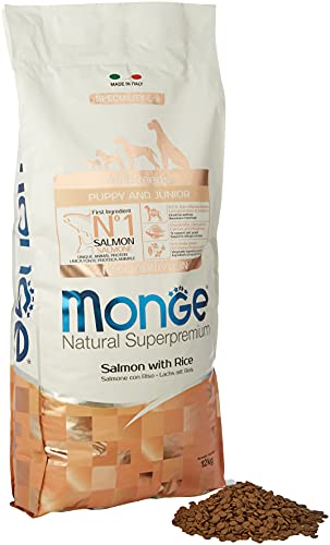 Monge Natural Superpremium PUPPY AND JUNIOR SALMON AND RICE, Hundefutter für alle Rassen (Welpenfutter, Trockenfutter für Hunde mit Lachs & Reis, sehr Ballaststoff- & Vitaminreich, 12 kg) von Monge