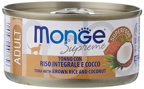 Monge Supreme Adult Tuna with Brown Rice and Coconut, Nassfutter für Katzen (Katzenfutter aus Thunfisch mit braunem Reis und Kokosnussn, sehr Ballaststoff- & Vitaminreich, 80 g) von Monge