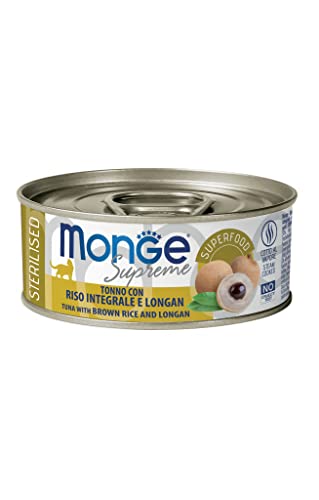 Monge Supreme STERILISED Tuna with Brown Rice and Longan, Nassfutter für Katzen (Katzenfutter aus Thunfisch mit braunem Reis und Longan, sehr Ballaststoff- & Vitaminreich, 80 g) von Monge