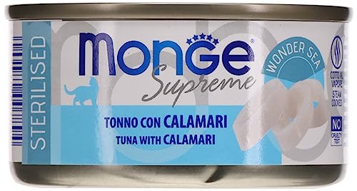 Monge Supreme STERILISED Tuna with Calamari, Nassfutter für Katzen (Katzenfutter aus Thunfisch mit Calamari, sehr Ballaststoff- & Vitaminreich, 80 g) von Monge