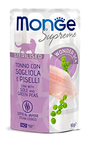 Monge Supreme STERILISED Tuna with Sole and Green PEAS, Nassfutter für Katzen (Katzenfutter aus Thunfisch mit Seezunge und grünen Erbsen, sehr Ballaststoff- & Vitaminreich, 80 g) von Monge
