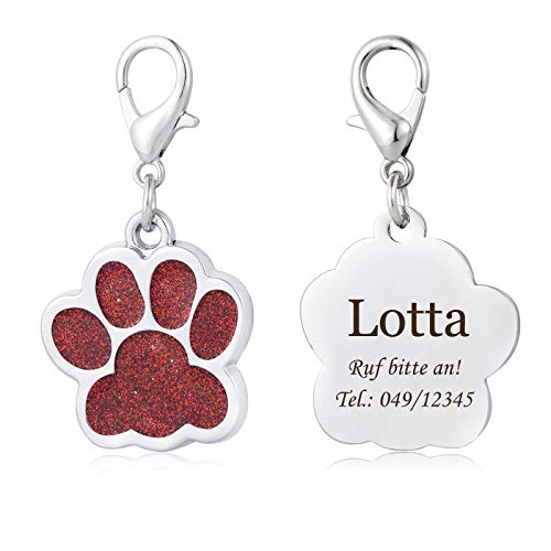 Hundemarke mit Gravur für Hunde und Katzen Tiermarke Pfotenabdruckmotiv ID-Tags Adressanhänger,Rot von Gredstar