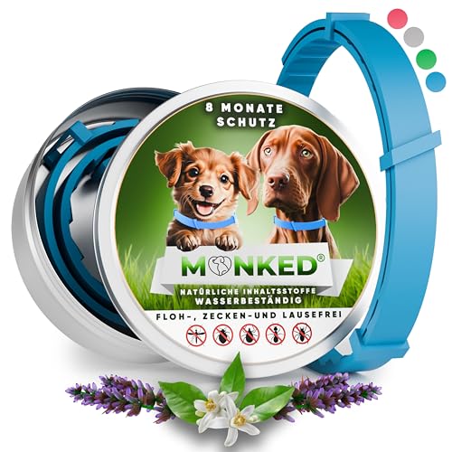 Monked | Natürliches Flohhalsband Hunde ohne Chemie | Zeckenhalsband für Hunde klein & groß | Größenverstellbar | bis 8 Monate Schutz | Zeckenschutz Hund | Anti Floh Hund | Anti Floh Hund [Blau] von Monked