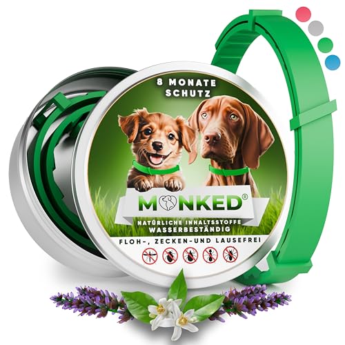 Monked | Natürliches Flohhalsband Hunde ohne Chemie | Zeckenhalsband für Hunde klein & groß | Größenverstellbar | bis 8 Monate Schutz | Zeckenschutz Hund | Anti Floh Hund | Anti Floh Hund [Grün] von Monked