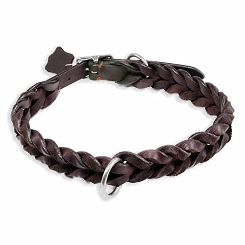 Monkimau Halsband Hund echt Leder Hunde Halsbänder braun geflochten Lederhalsband verstellbar Dog Collar Hundehalsband Größe S-XS (L-M: 25mm x 60cm) von Monkimau