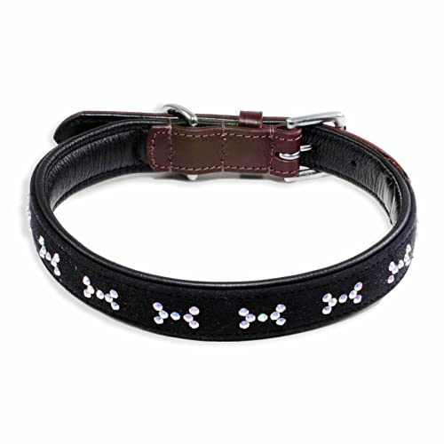 Monkimau Halsband Hund echt Leder Hunde Halsbänder braun schwarz mit Knochen Swarovski Kristallen Lederhalsband verstellbar Dog Collar Hundehalsband (L: 25mm x 65cm) von Monkimau