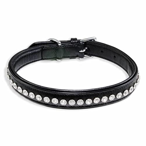 Monkimau Halsband Hund echt Leder Hunde Halsbänder schwarz gepolstert mit Kristallen Lederhalsband verstellbar Dog Collar Hundehalsband (L-M: 25mm x 60cm) von Monkimau