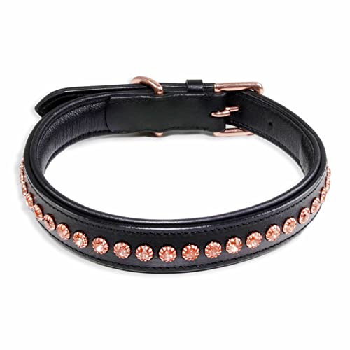 Monkimau Halsband Hund echt Leder Hunde Halsbänder schwarz mit Rosegold Kristallen Lederhalsband verstellbar Dog Collar Hundehalsband (L: 25mm x 65cm) von Monkimau