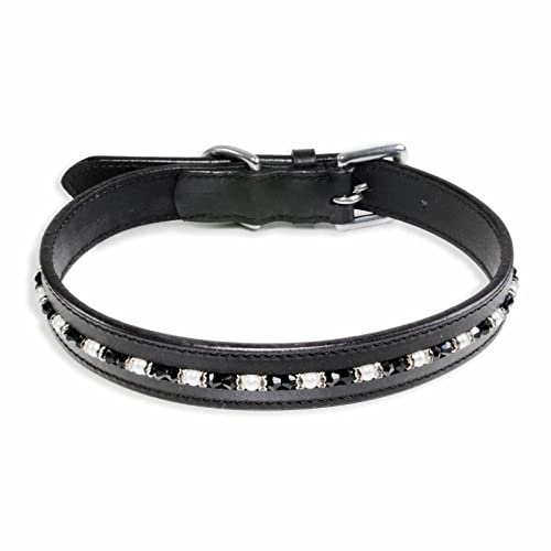 Monkimau Halsband Hund echt Leder Hunde Halsbänder schwarz mit Swarovski Kristallen Lederhalsband verstellbar Dog Collar Hundehalsband (L: 25mm x 65cm) von Monkimau