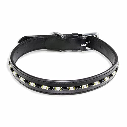 Monkimau Halsband Hund echt Leder Hunde Halsbänder schwarz mit Swarovski Kristallen Lederhalsband verstellbar Dog Collar Hundehalsband (L: 25mm x 65cm) von Monkimau