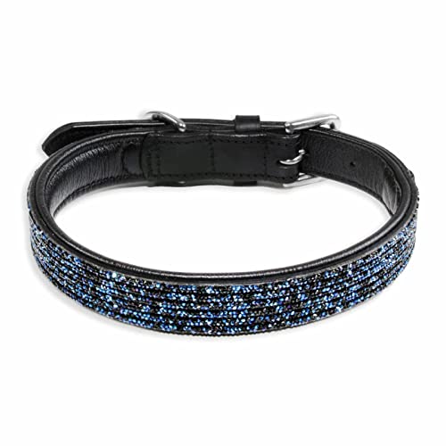 Monkimau Halsband Hund echt Leder Hunde Halsbänder schwarz mit blauen Pailletten Lederhalsband verstellbar Dog Collar Hundehalsband (L: 25mm x 65cm) von Monkimau