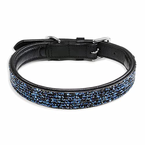 MONKIMAU Halsband Hund echt Leder Hunde Halsbänder schwarz mit blauen Pailletten Lederhalsband verstellbar Dog Collar Hundehalsband (L: 25mm x 65cm) von MONKIMAU