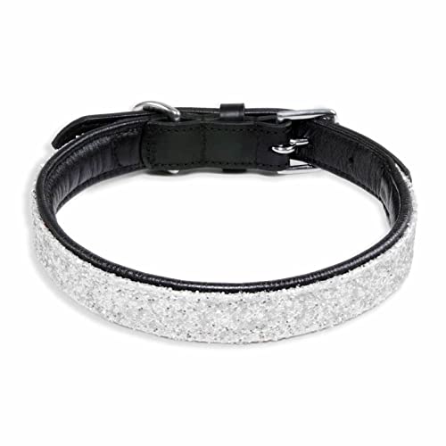 Monkimau Halsband Hund echt Leder Hunde Halsbänder schwarz mit weißen Pailletten Lederhalsband verstellbar Dog Collar Hundehalsband (L-M: 25mm x 60cm) von Monkimau