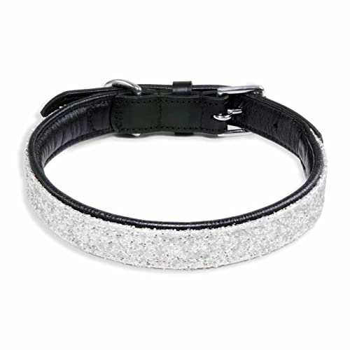 Monkimau Halsband Hund echt Leder Hunde Halsbänder schwarz mit weißen Pailletten Lederhalsband verstellbar Dog Collar Hundehalsband (S: 20mm x 45cm) von MONKIMAU