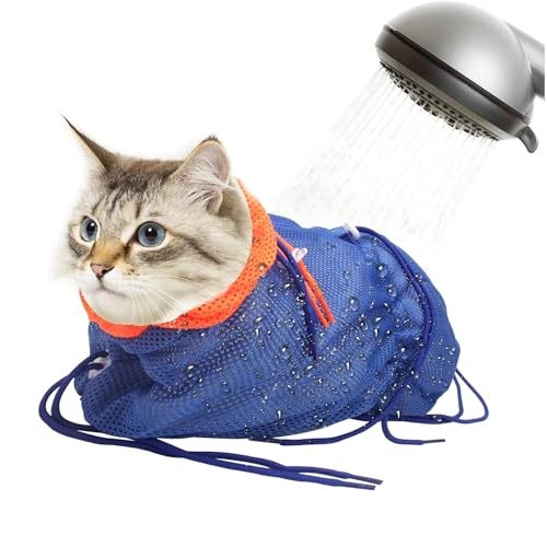 Monozoz Atmungsaktive Netz-Duschtasche, kratzfest, verstellbar, zum Schneiden von Nägeln, Baden – Polyester, weiche Katzenwäsche (Blau-Orange) von Monozoz