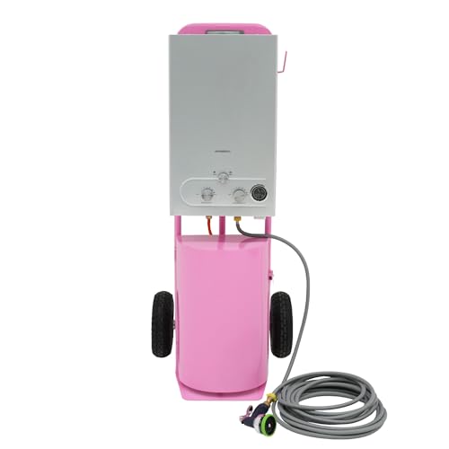 Tragbare Pferdedusche mit Stahlwagen, rosa, 18 l, Durchlauferhitzer, Gasboiler, LPG-Heizung, 10 m Wasserschlauch und 9-Muster-Sprühpistole, Camping, Outdoor, Ablagefach, Seitenhaken und Zubehör von Monster Shop