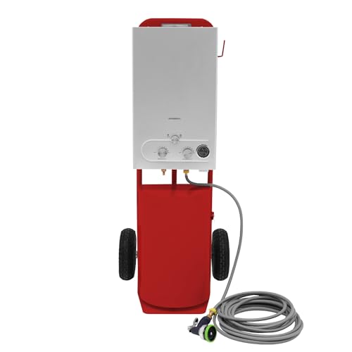 Tragbare Pferdedusche mit Stahlwagen, rot, 18 l, Durchlauferhitzer, Gasboiler, LPG-Heizung, 10 m Wasserschlauch und 9-Muster-Sprühpistole, Camping, Outdoor, Ablagefach, Seitenhaken und Zubehör von Monster Shop