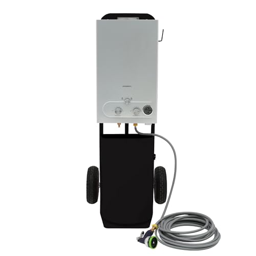 Tragbare Pferdedusche mit Stahlwagen, schwarz, 18 l, Durchlauferhitzer, Gasboiler, LPG-Heizung, 10 m Wasserschlauch und 9-Muster-Sprühpistole, Camping, Outdoor, Ablagefach, Seitenhaken und Zubehör von Monster Shop