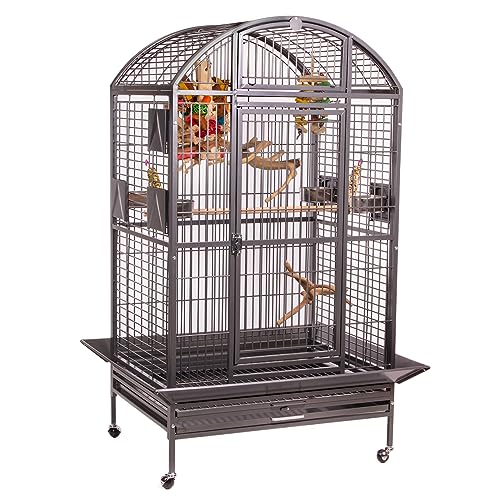 Montana Cages | Vogelvoliere Papageienkäfig Hacienda Dome, für kleine- & mittelgroße Papageien, inkl. Anflugklappe, 4 Lenkrollen, 4 Edelstahlnäpfe, Antik Edition, ca. 91 x 71 x 165 cm von Montana Cages