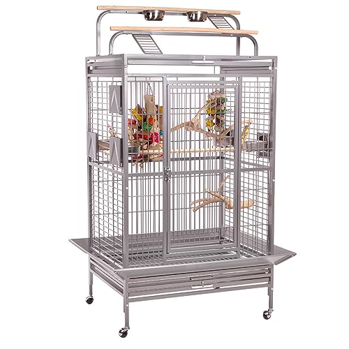 Montana Cages | Vogelvoliere Papageienkäfig Hacienda Play, für kleine- & mittelgroße Papageien, inkl. Freisitz, 4 Lenkrollen, 4 Edelstahlnäpfe, Platinum Edition, ca. 91 x 71 x 181 cm von Montana Cages