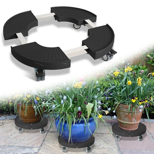 Monucep Pflanzenroller Einstellbare 38-54 cm, Rollbrett Pflanzen Tragkraft 200kg, Blumenroller Rund mit 360 ° Drehbare Rädern, Blumentopf Gefäßroller für den Innen- und Außenbereich, Schwarz von Monucep