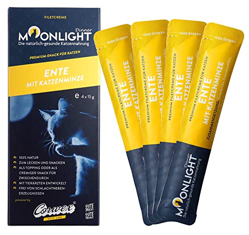 Moonlight Filetcreme mit Ente, Premium Snacks für Katzen - Praktische Sticks zum aus der Hand schlecken, Katzenleckerchen mit Ente (4x15g) von Moonlight-Dinner