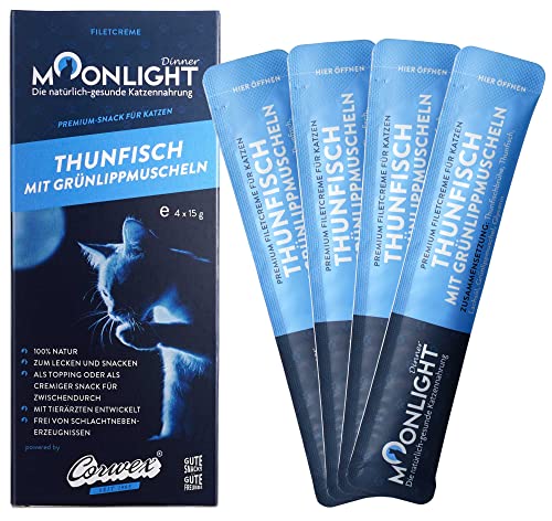 Moonlight Filetcreme mit Thunfisch, Premium Snacks für Katzen - Praktische Sticks zum aus der Hand schlecken, Katzenleckerchen mit Thunfisch (4x15g) von Moonlight-Dinner