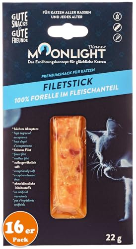 Moonlight Katzensnack Filet-Stick mit Forelle, getreidefrei, 100% Forelle im Fleischanteil, Katzenleckerli mit hohe Akzeptanz, außergewöhnlich Soft (16 x 22 g, Forelle) von Moonlight-Dinner