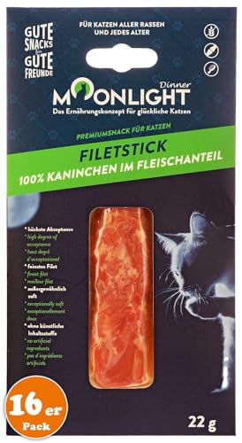Moonlight Katzensnack Filet-Stick mit Kaninchen, getreidefrei, 100% Kaninchen im Fleischanteil, Katzenleckerli mit hohe Akzeptanz, außergewöhnlich Soft (16 x 22 g, Kaninchen) von Moonlight-Dinner