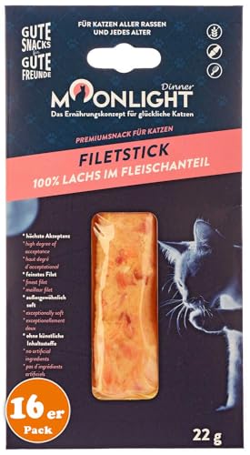 Moonlight Katzensnack Filet-Stick mit Lachs, getreidefrei, 100% Lachs im Fleischanteil, Katzenleckerli mit hohe Akzeptanz, außergewöhnlich Soft (16 x 22 g, Lachs) von Moonlight-Dinner