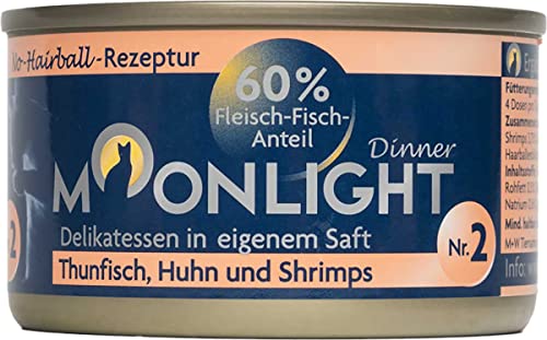 Moonlight Premium Nassfutter für Katzen, Nr.2 - getreidefreie Rezeptur - Delikatesse im eigenen Saft - viel Fleischanteil (Nr.2 Thunfisch, Huhn und Shrimps - 80g) von Moonlight-Dinner