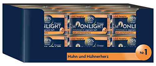Moonlight Premium Nassfutter für Katzen, Nr.1 (24x80g Dosse) - getreidefreie Rezeptur - Delikatesse im eigenen Saft - viel Fleischanteil, Huhn und Hühnerherz von Moonlight-Dinner