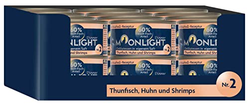 Moonlight Premium Nassfutter für Katzen, Nr.2 - getreidefreie Rezeptur - Delikatesse im eigenen Saft - viel Fleischanteil (Nr.2 Thunfisch, Huhn und Shrimps - 24 x 80g) von Moonlight-Dinner