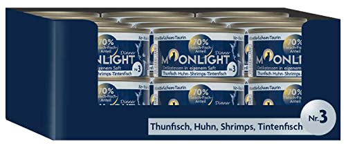 Moonlight Premium Nassfutter für Katzen, Nr.3 - getreidefreie Rezeptur - Delikatesse im eigenen Saft - viel Fleischanteil (Nr. 3 Thunfisch, Huhn, Shrimps und Tintenfisch - 24 x 80g) von Moonlight-Dinner