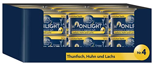 Moonlight Premium Nassfutter für Katzen, Nr.4 (24x80g Dosse) - getreidefreie Rezeptur - Delikatesse im eigenen Saft - viel Fleischanteil, Thunfisch, Huhn und Lachs von Moonlight-Dinner