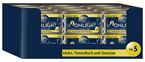 Moonlight Premium Nassfutter für Katzen, Nr.5 (24x80g Dosse) - getreidefreie Rezeptur - Delikatesse im eigenen Saft - viel Fleischanteil, Huhn, Tintenfisch und Gemüse von Moonlight-Dinner