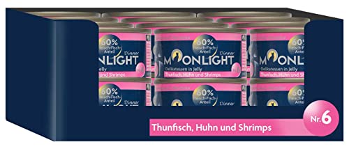 Moonlight Premium Nassfutter für Katzen, Nr.6 - getreidefreie Rezeptur - Delikatesse im eigenen Saft - viel Fleischanteil (Nr.6 Thunfisch, Huhn und Shrimps - 24 x 80g) von Moonlight-Dinner