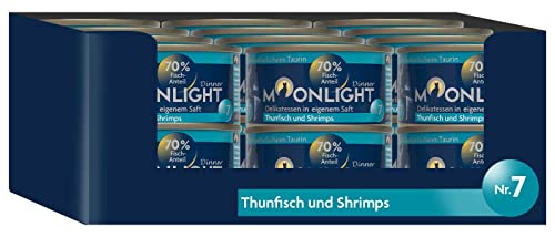 Moonlight Premium Nassfutter für Katzen, Nr.7 (24x80g Dosse) - getreidefreie Rezeptur - Delikatesse im eigenen Saft - viel Fleischanteil, Thunfisch und Shrimps von Moonlight-Dinner
