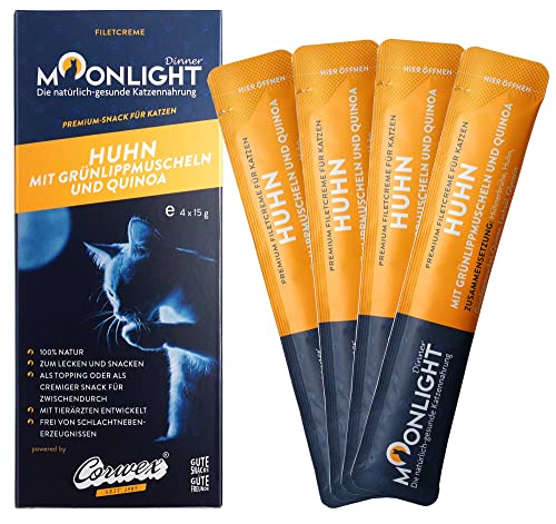 Moonlight Filetcreme mit Huhn, Premium Snacks für Katzen - Praktische Sticks zum aus der Hand schlecken, Katzenleckerchen mit Huhn (4x15g) von Moonlight-Dinner