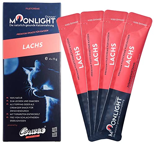 Moonlight Filetcreme mit Lachs, Premium Snacks für Katzen - Praktische Sticks zum aus der Hand schlecken, Katzenleckerchen mit Lachs (4x15g) von Moonlight-Dinner