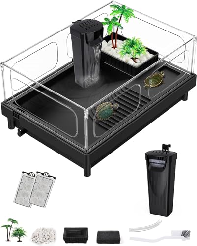 MoonOrange Kleines Schildkröten-Tank, Aquarium, Acryl-Terrarium mit Sonnenplattform, Bodenentwässerung, Multifunktionsbereiche für Schildkröten, Krabben, Krebse, Reptilien (Schwarz + Filter) von Moonorange
