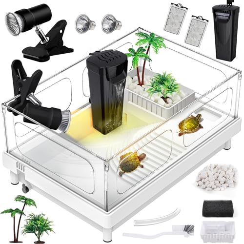 Moonorange Kleines Acryl-Schildkröten-Terrarium-Starter-Set (Tank + Licht + Filter) mit Basking Plattform, Wasserfallfilter, für kleine Reptilien, Krabben, Krebse, Innenbereich von Moonorange