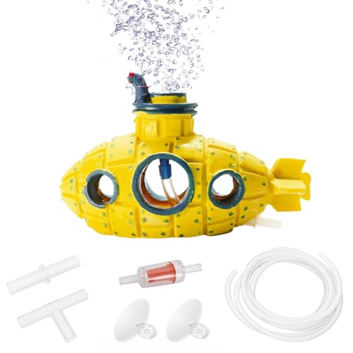 Moonorange Aquarium-Tank-Dekorationsset, realistische U-Boot-Ornamente mit Ausströmerstein, komplettes Zubehör für Aquarien (U-Boot-Gelb) von Moonorange