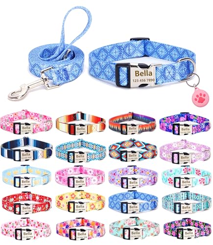 Moonpet Hundehalsband, Leine, Airtag-Halter, Set mit Name, Telefonnummer für Welpen, XS, S, M, L, Jungen, Mädchen, Hunde, blaues Gitter, Größe L von Moonpet