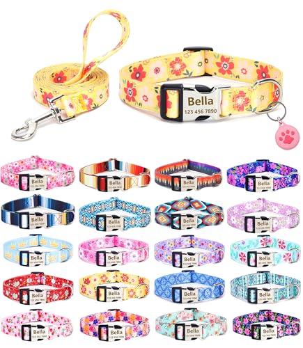 Moonpet Hundehalsband, Leine, Airtag-Halter, Etui-Set mit graviertem Ausweis, Namensschild, Telefonnummer für Welpen, XS, S, M, L, XL, Jungen, Mädchen, Hunde, gelbe Blume, Größe S von Moonpet