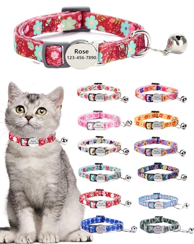 Moonpet Personalisiertes Katzenhalsband mit Namen und Telefonnummer, Katzenhalsband mit Sicherheitsverschluss und glöckchen-Rote Blume von Moonpet