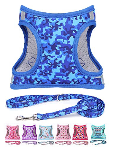Moonpet Step in Air Hundegeschirr Leine Set – Reflektierendes Blumenmuster gepolsterte Netzweste Geschirr für Katzen, Welpen, extra kleine, kleine, mittelgroße Hunde - Blaue Tarnung -M von Moonpet