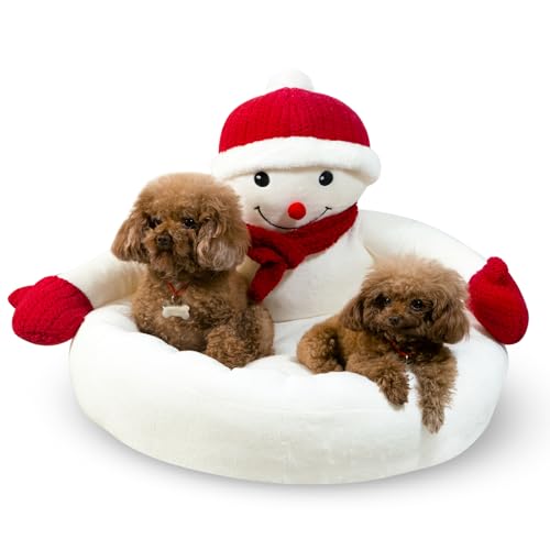 Beruhigendes Hundebett mit Weihnachtsschneemann, 61 cm, rund, Donut, flauschiges Plüsch-Hundebett für mittelgroße und kleine Hunde, weiche PP-Baumwolle gefüllt, kleines Haustierbett, Katzenbett mit Beruhigendes Hundebett mit Weihnachtsschneemann, 61 cm, rund, Donut, flauschiges Plüsch-Hundebett für mittelgroße und kleine Hunde, weiche PP-Baumwolle gefüllt, kleines Haustierbett, Katzenbett mit von MoonxHome