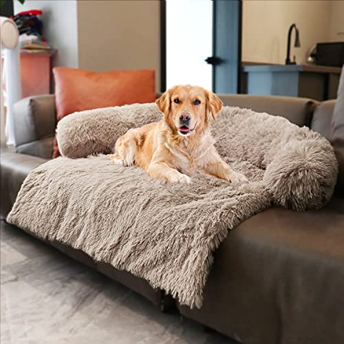 MoonxHome Plüsch-Hundebett mit Schaumstoff-Nackenpolster, Plüsch-Haustierbett für mittelgroße Hunde, Universal-Haustiermöbelschutz, Schlafsofabezug, maschinenwaschbar Khaki Groß von MoonxHome